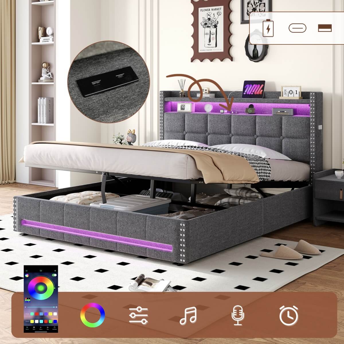 4ft6 Double Ottoman Bed Frame - LED Upholstered Storage Bed with USB & Type C Charging, Grey