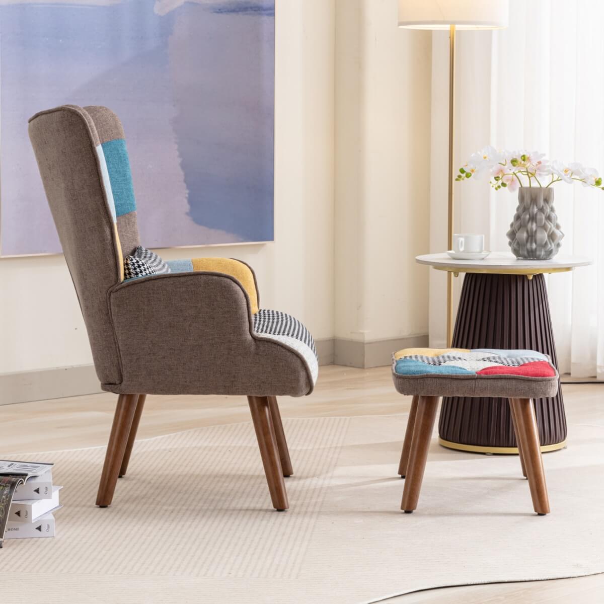 Lounge Chair with Footrest - Upholstered Armchair with Cushion, Multi Colour