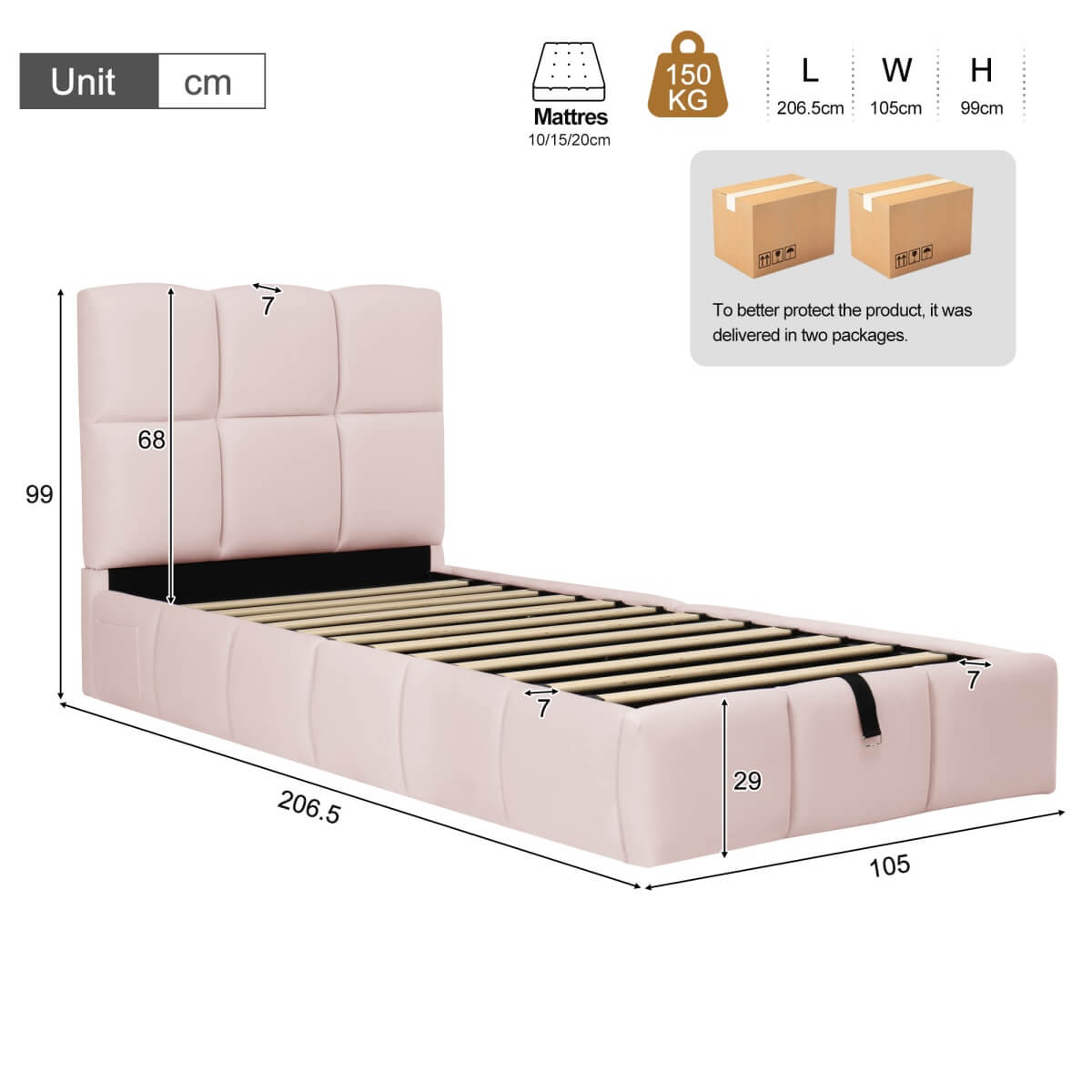 3ft Velvet Upholstered Storage Bed - Single Hydraulic Bed with Headboard, Pink