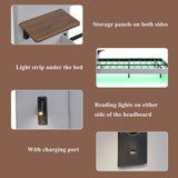 Upholstered Bed with Lamps, Charging Socket, Storage, and Light Strip, Velvet+Iron Grey
