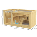 Wooden Hamster Cage with Water Bottle, Platforms, Openable Roof, Sliding Tray, Hut, Seesaws, Natural Wood