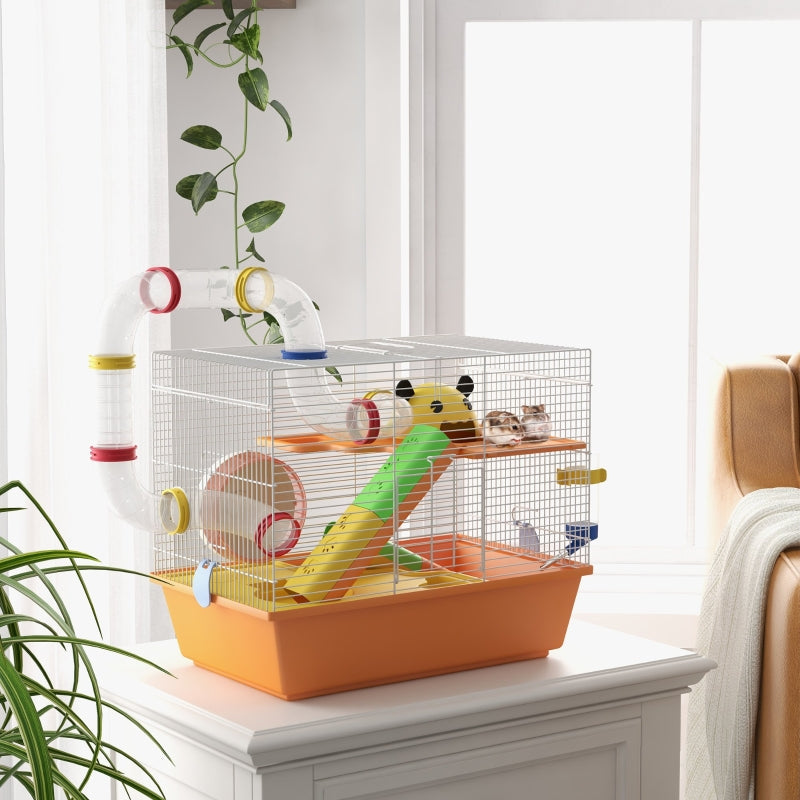 Gerbil/Hamster Cage with Tubes, Wheel, Ladder, Top Handle - Orange