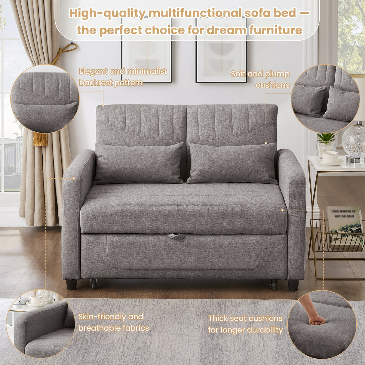[Sofa Bed with Sleeping Function] Two-Seater Fold-Out Sofa, Pull-Out Design, Simple and Modern, Contemporary Style, Three-Level Adjustable Backrest, Breathable Cotton-Linen Fabric