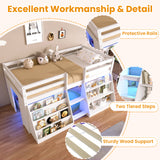 3ft Single Low Loft Bed with LED Light, Wooden Bed Frame with Stairs, Bookcase, Storage Shelf and Under-bed Play Space, Modern Bed with Safety Guardrail, Saving-space Design, White (No Mattress)