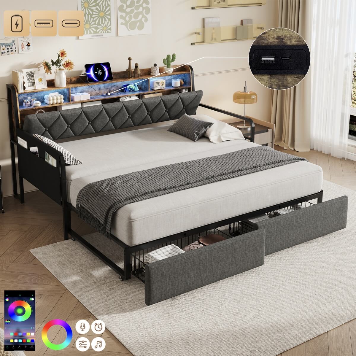 3ft Single Daybed with Trundle & Storage Drawer - LED Sofa Bed with Charging Station