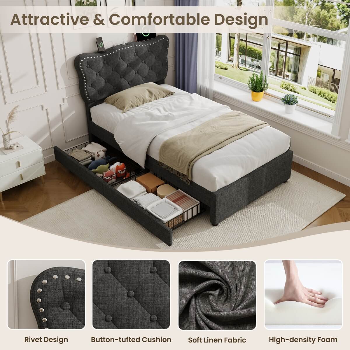 3ft Single Upholstered Bed - USB Charging, Storage Drawers, Adjustable Headboard
