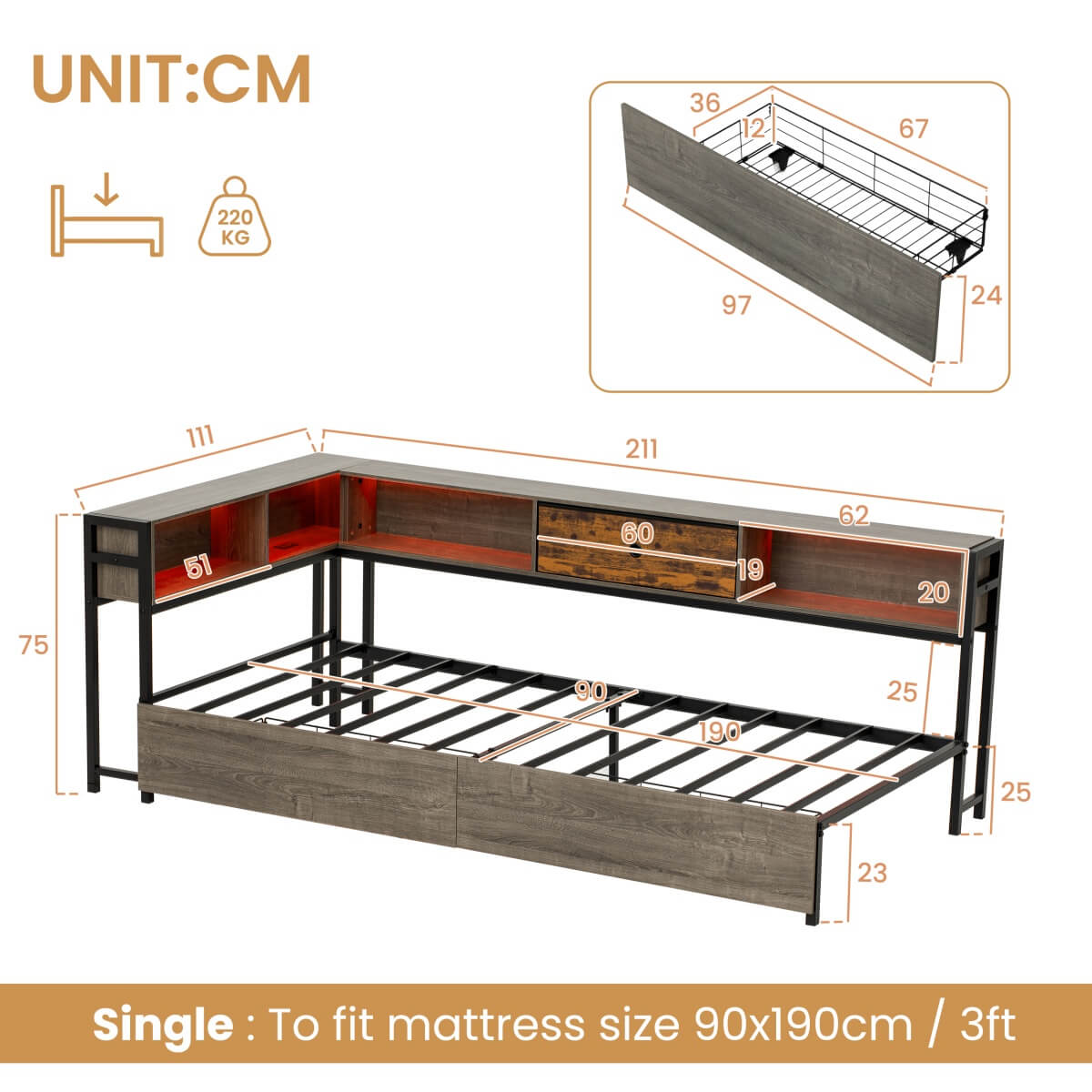 3ft Single Storage Bed with LED Lights & Charging Station - Metal and Wood Bed Frame with Drawers