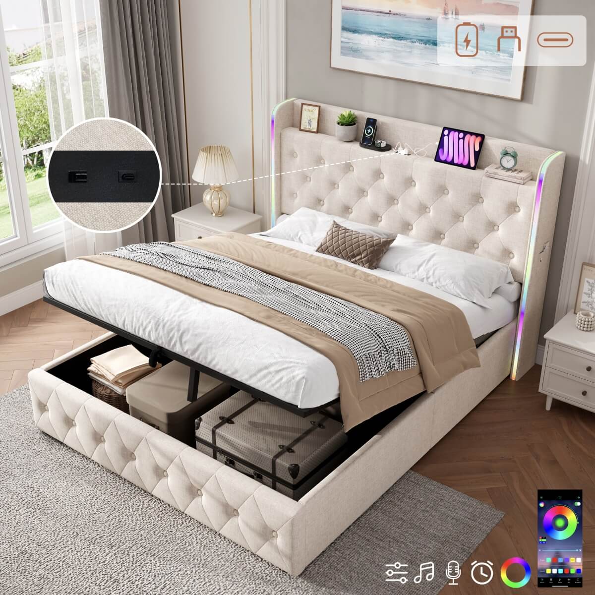 4ft6 Double Ottoman Storage Bed with LED Headboard & USB Charging - Upholstered Linen Bed