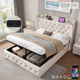 4ft6 Double Ottoman Storage Bed with LED Headboard & USB Charging - Upholstered Linen Bed