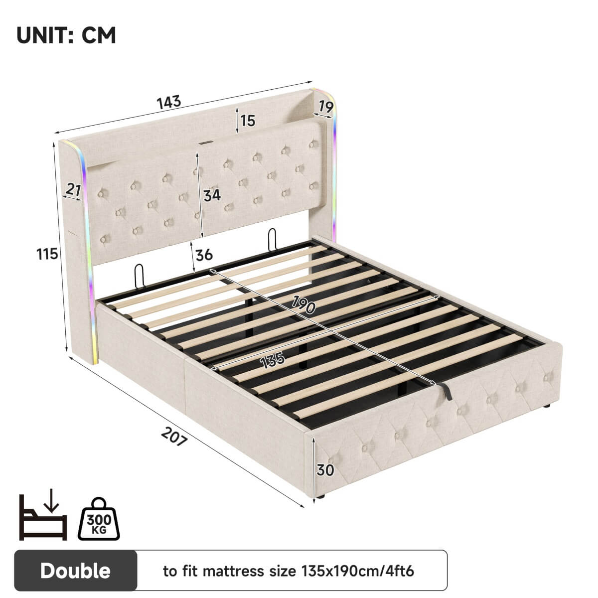 4ft6 Double Ottoman Storage Bed with LED Headboard & USB Charging - Upholstered Linen Bed