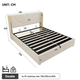 4ft6 Double Upholstered Bed Frame - Hydraulic Storage, LED Headboard with USB Charging, Beige Linen