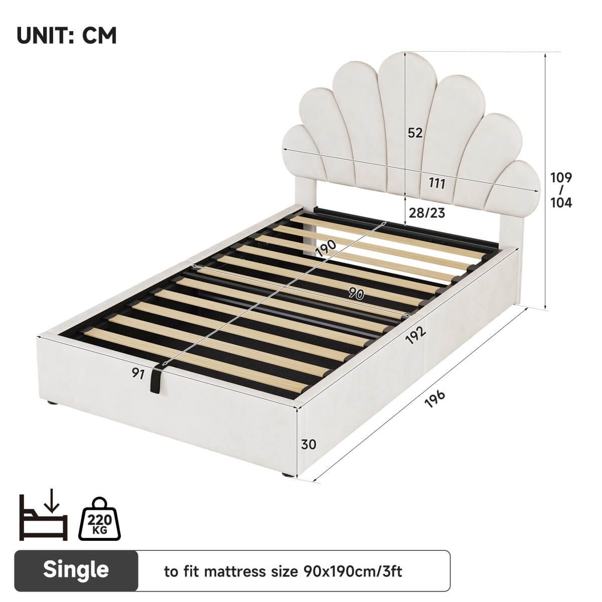 3ft Single Ottoman Storage Bed with Petal Headboard - Upholstered Velvet Bed Frame