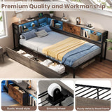 3ft Single Storage Bed with LED Lights & Charging Station - Metal and Wood Bed Frame with Drawers