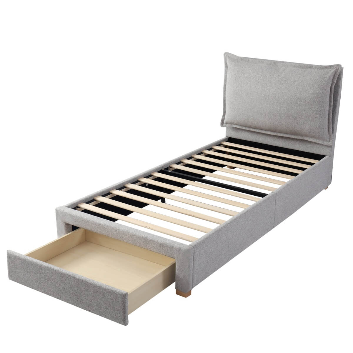 3FT Single Upholstered Chenille Bed - Slatted Frame with Storage & Headboard