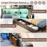 3ft Single Storage Bed with LED Lights & Charging Station - Metal and Wood Bed Frame with Drawers