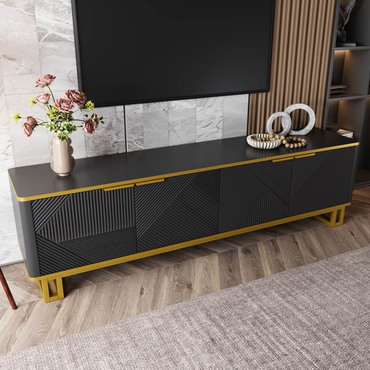 Modern TV Cabinet with 4 Doors - Geometric Texture TV Stand & Media Console, Black