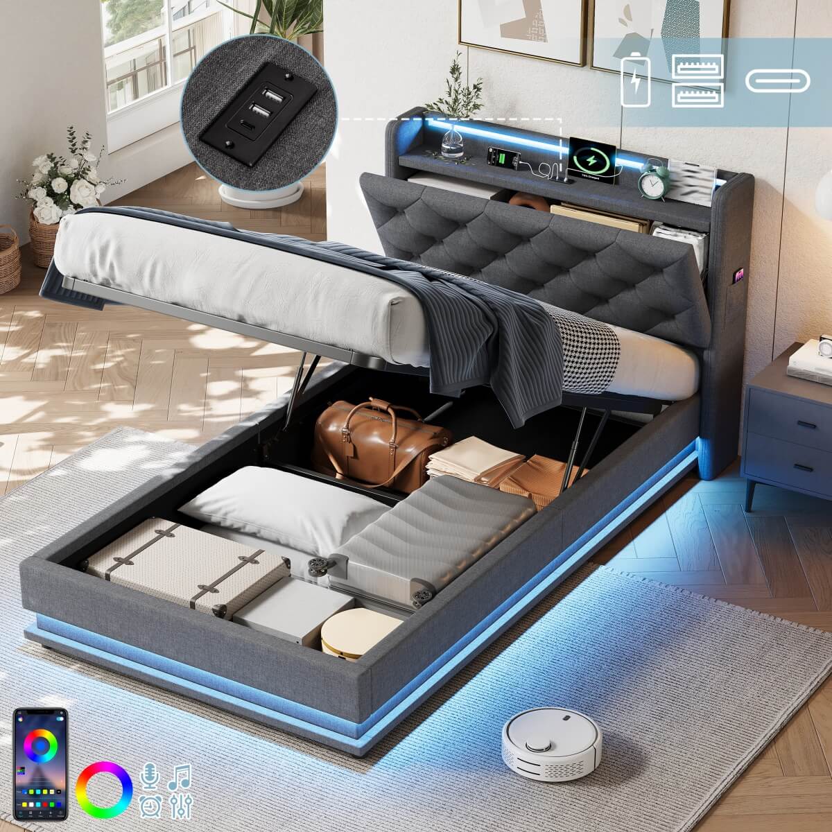 3ft Single Ottoman Bed with LED Headboard & Charging Station - Upholstered Storage Bed Frame, Grey
