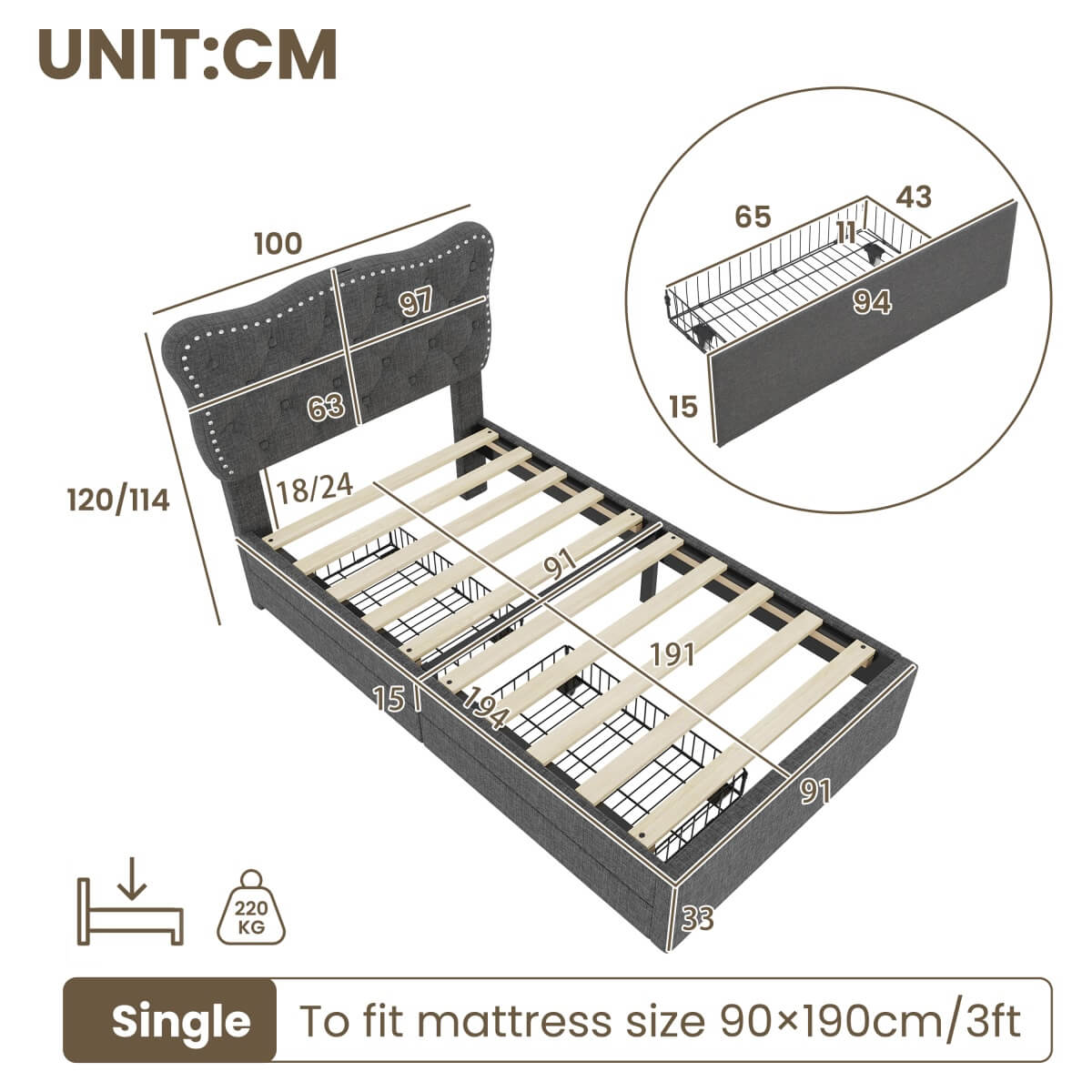 3ft Single Upholstered Bed - USB Charging, Storage Drawers, Adjustable Headboard