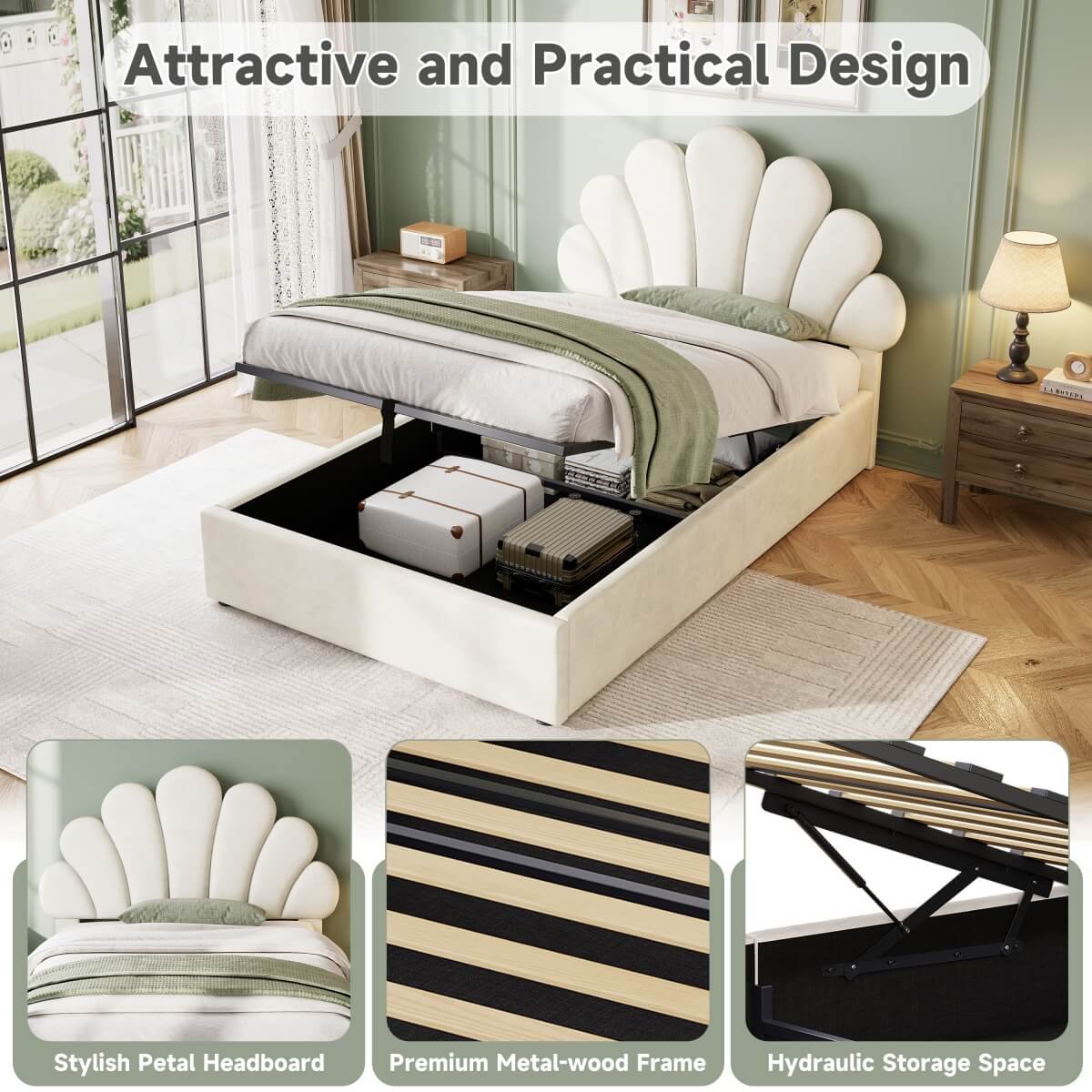 3ft Single Ottoman Storage Bed with Petal Headboard - Upholstered Velvet Bed Frame
