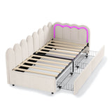 3ft Single Velvet Daybed - RGB LED Lights, 2 Storage Drawers, Scalloped Backrest, Beige