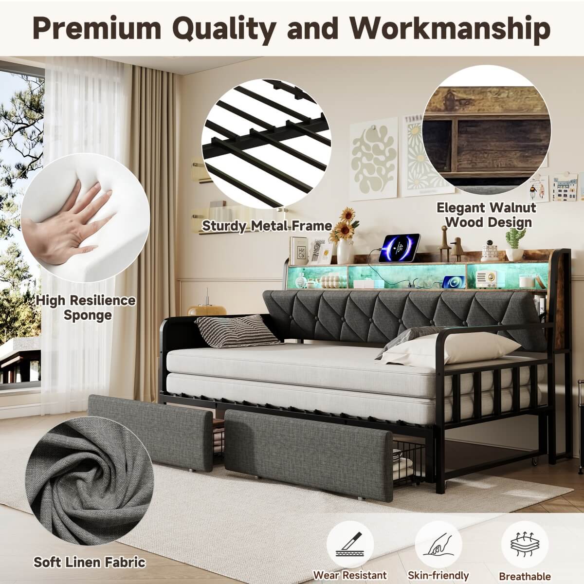 3ft Single Daybed with Trundle & Storage Drawer - LED Sofa Bed with Charging Station