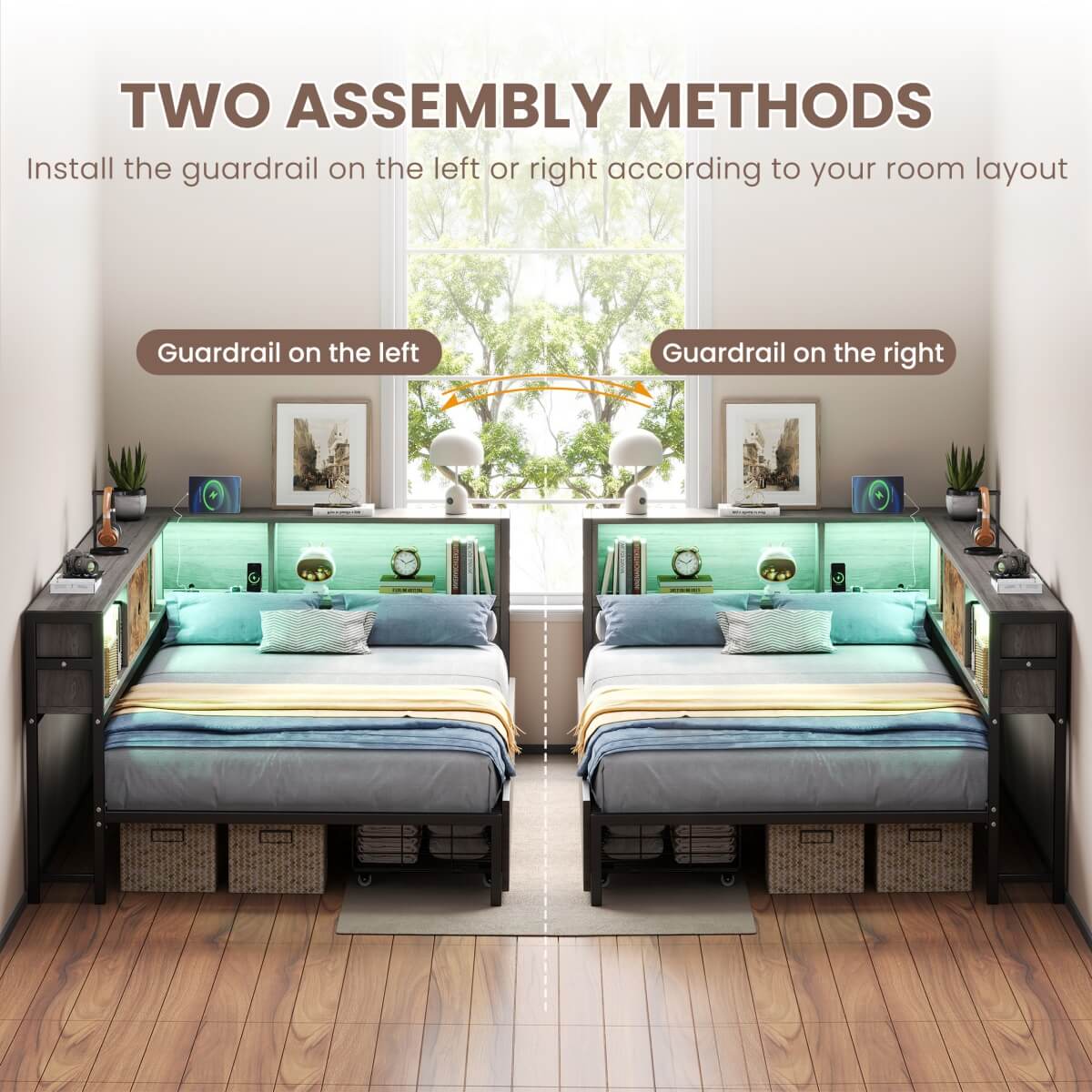 3ft Single Storage Bed with LED Lights & Charging Station - Metal and Wood Bed Frame with Drawers