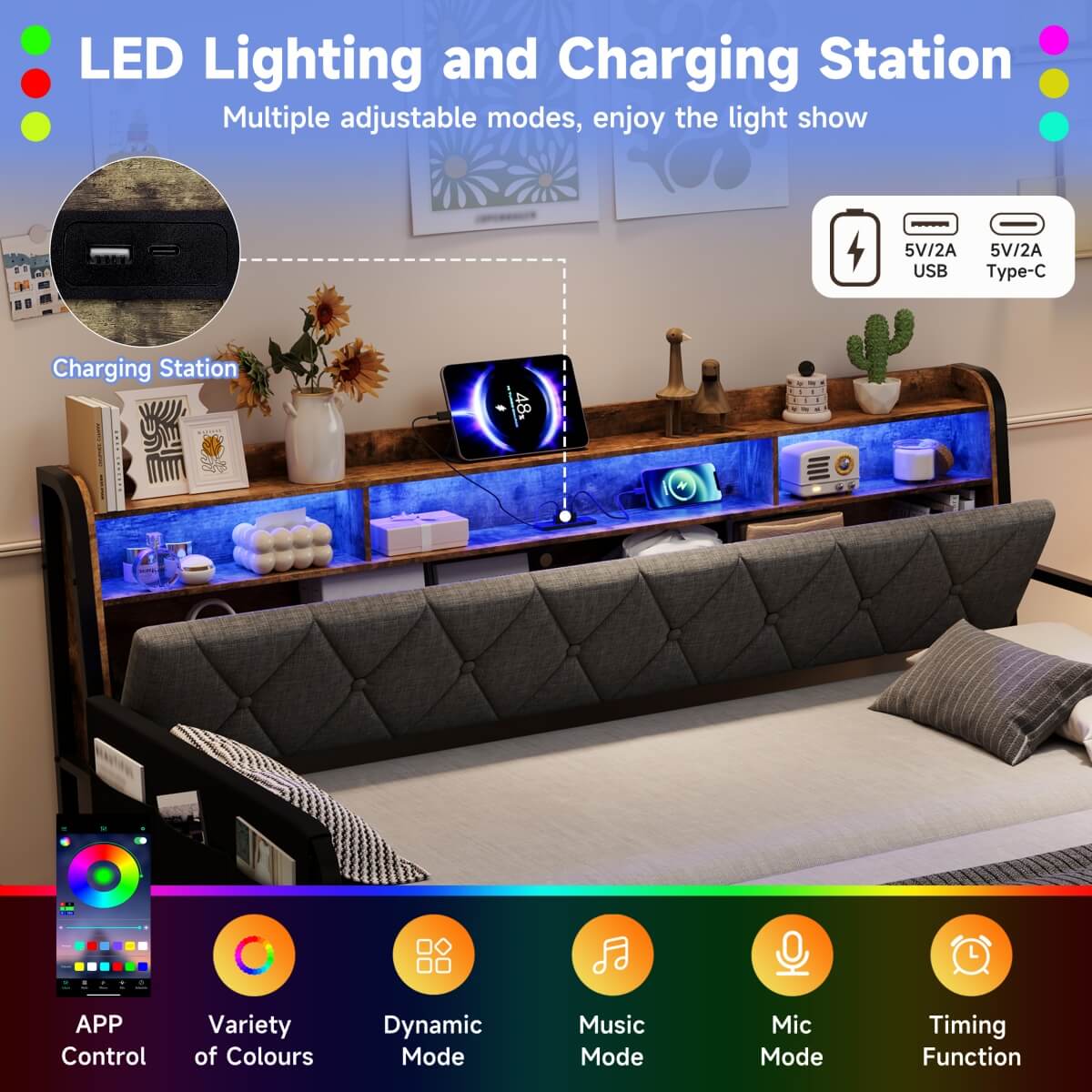 3ft Single Daybed with Trundle & Storage Drawer - LED Sofa Bed with Charging Station