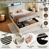4ft6 Double Upholstered Bed Frame - Hydraulic Storage, LED Headboard with USB Charging, Beige Linen
