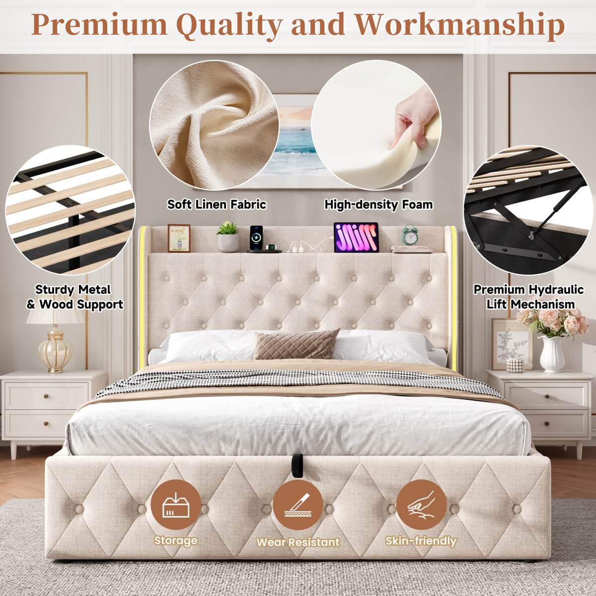 4ft6 Double Ottoman Storage Bed with LED Headboard & USB Charging - Upholstered Linen Bed