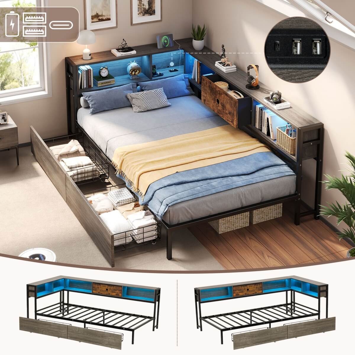 3ft Single Storage Bed with LED Lights & Charging Station - Metal and Wood Bed Frame with Drawers