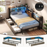 3ft Single Storage Bed with LED Lights & Charging Station - Metal and Wood Bed Frame with Drawers