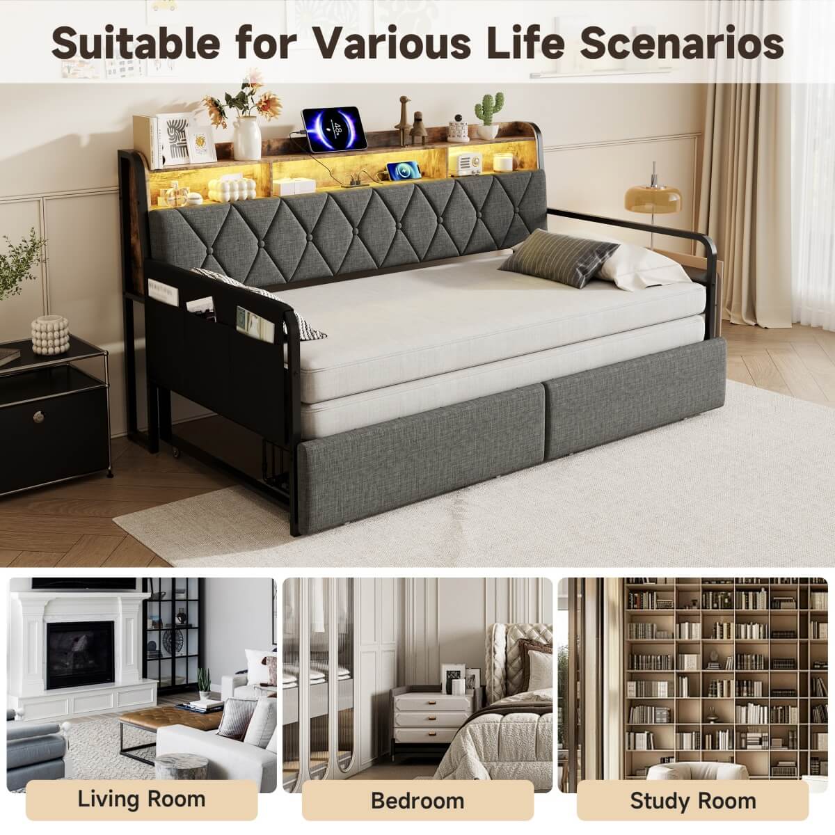 3ft Single Daybed with Trundle & Storage Drawer - LED Sofa Bed with Charging Station