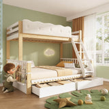 Wooden Bunk Bed for Kids - Single Over Double Bunk Bed with Drawers & Side Bookcase, White & Natural