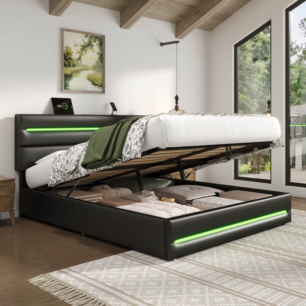 5ft King Ottoman Bed with LED Headboard - PU Upholstered Bed with Hydraulic Storage and USB & Type-C Charging