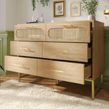 Rattan Sideboard Cabinet with 6 Drawers - Wooden Storage Cupboard for Living Room, Oak