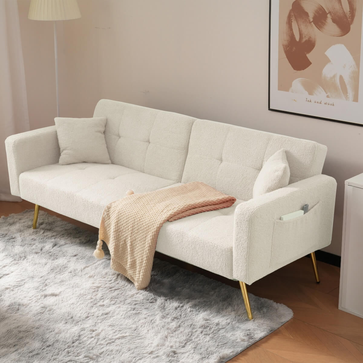 Convertible Sofa Bed - Adjustable Recliner Sofa with Gold Legs and Side Storage Pockets, White