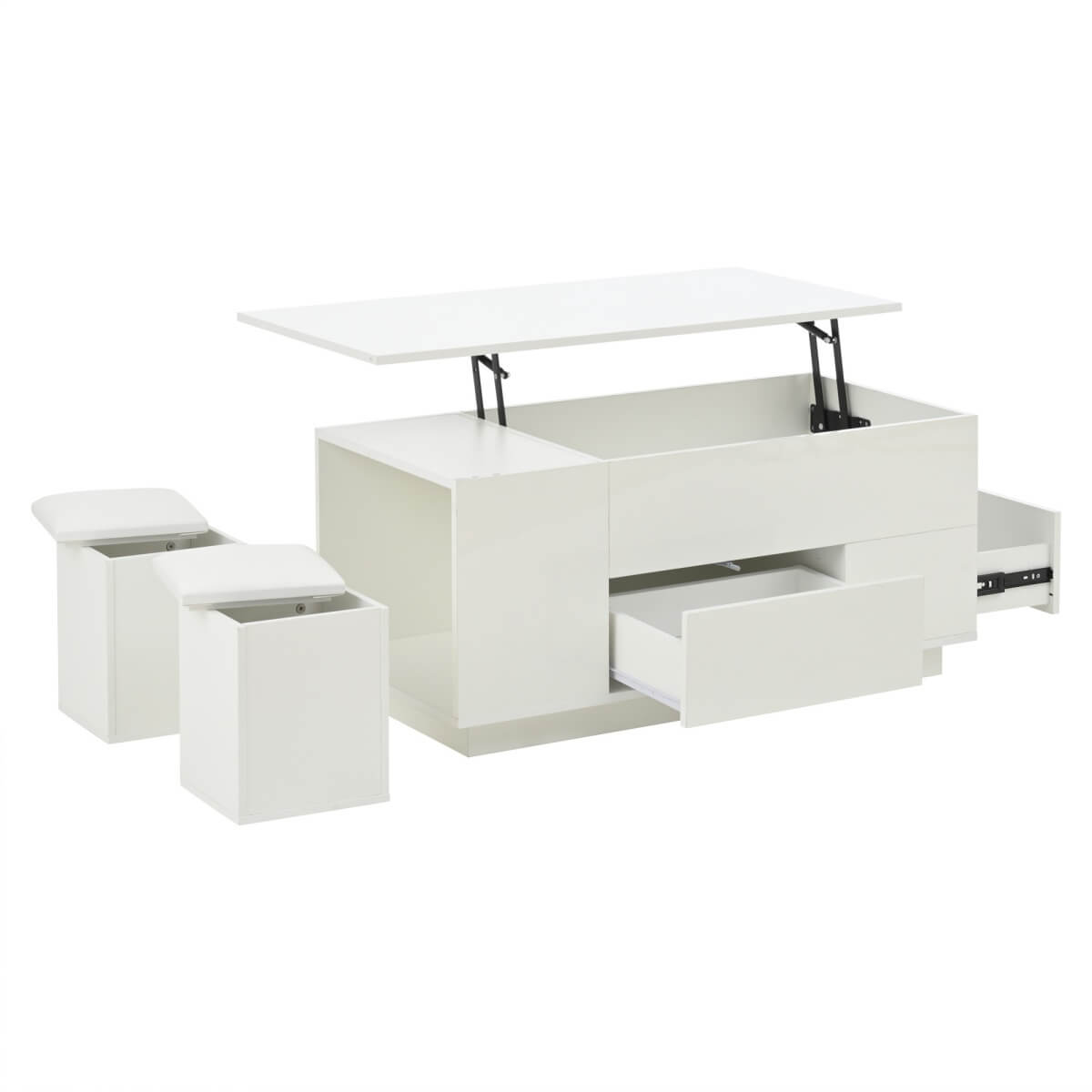 4 in 1 LED Coffee Table - Height Adjustable High Gloss Table with Storage, Drawers and 2 Stools