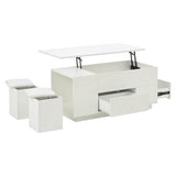 4 in 1 LED Coffee Table - Height Adjustable High Gloss Table with Storage, Drawers and 2 Stools