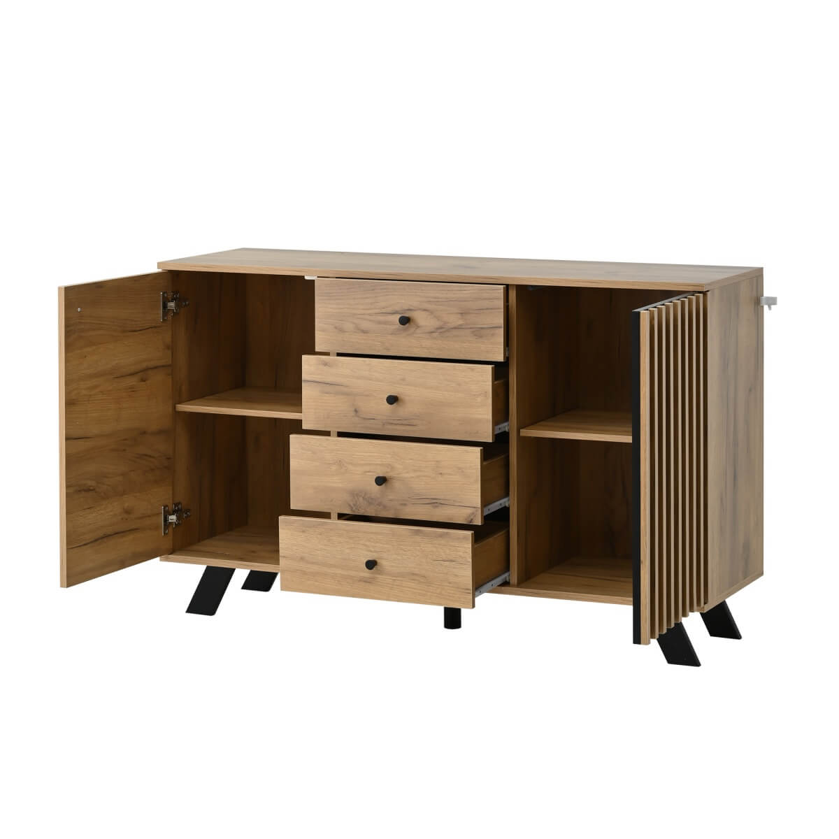 Dark Oak Effect Sideboard with 4 Drawers and 2 Doors - Wooden Storage Cabinet with Slatted Door Design