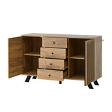 Dark Oak Effect Sideboard with 4 Drawers and 2 Doors - Wooden Storage Cabinet with Slatted Door Design