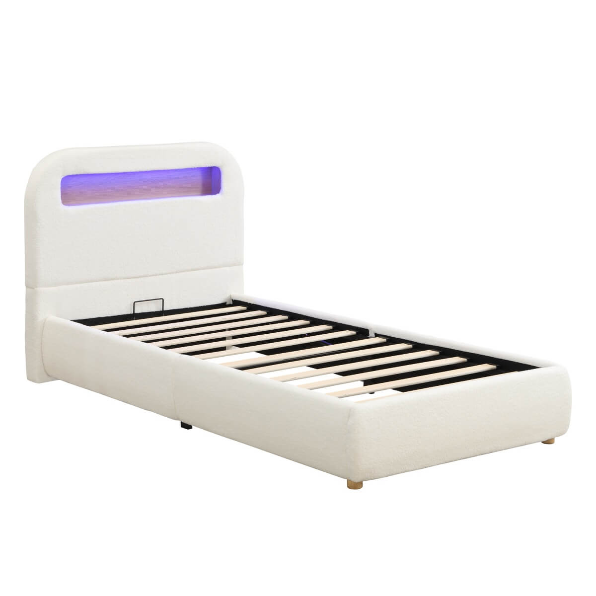 3ft Upholstered Hydraulic Storage Bed - LED Headboard, Bouclé, White