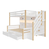 3ft Single Bunk Bed with Storage Staircase - Kids Bunk Bed Frame with Drawers, Shelves, LED Lights and Charging Station, White and Natural