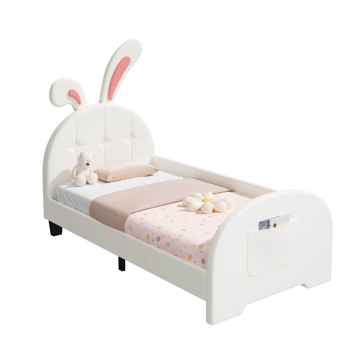 3ft Single Bunny Bed Frame - Upholstered PU Leather, Rabbit Ear Headboard, Cream White