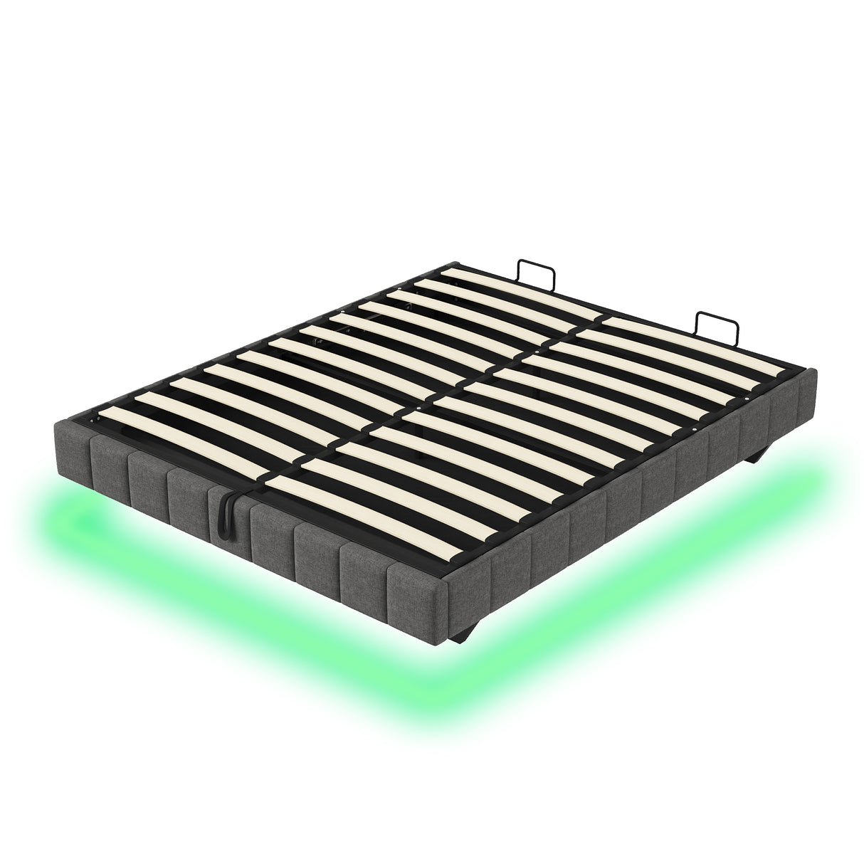 4ft6 Double Floating Bed Frame - Hydraulic Storage, RGB LED Lights, Grey Linen