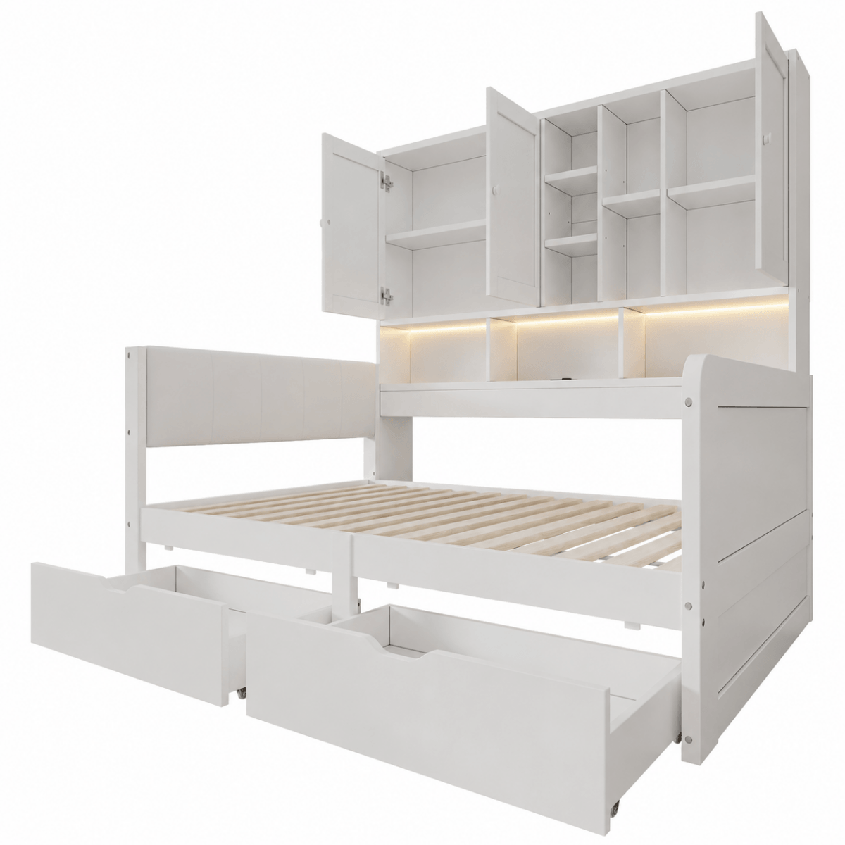 3ft Single Kids Storage Bed with Overbed Cabinets - White Bed Frame with 2 Drawers, RGB LED Lights, USB Charging Station and PU Headboard