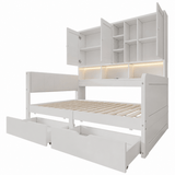 3ft Single Kids Storage Bed with Overbed Cabinets - White Bed Frame with 2 Drawers, RGB LED Lights, USB Charging Station and PU Headboard