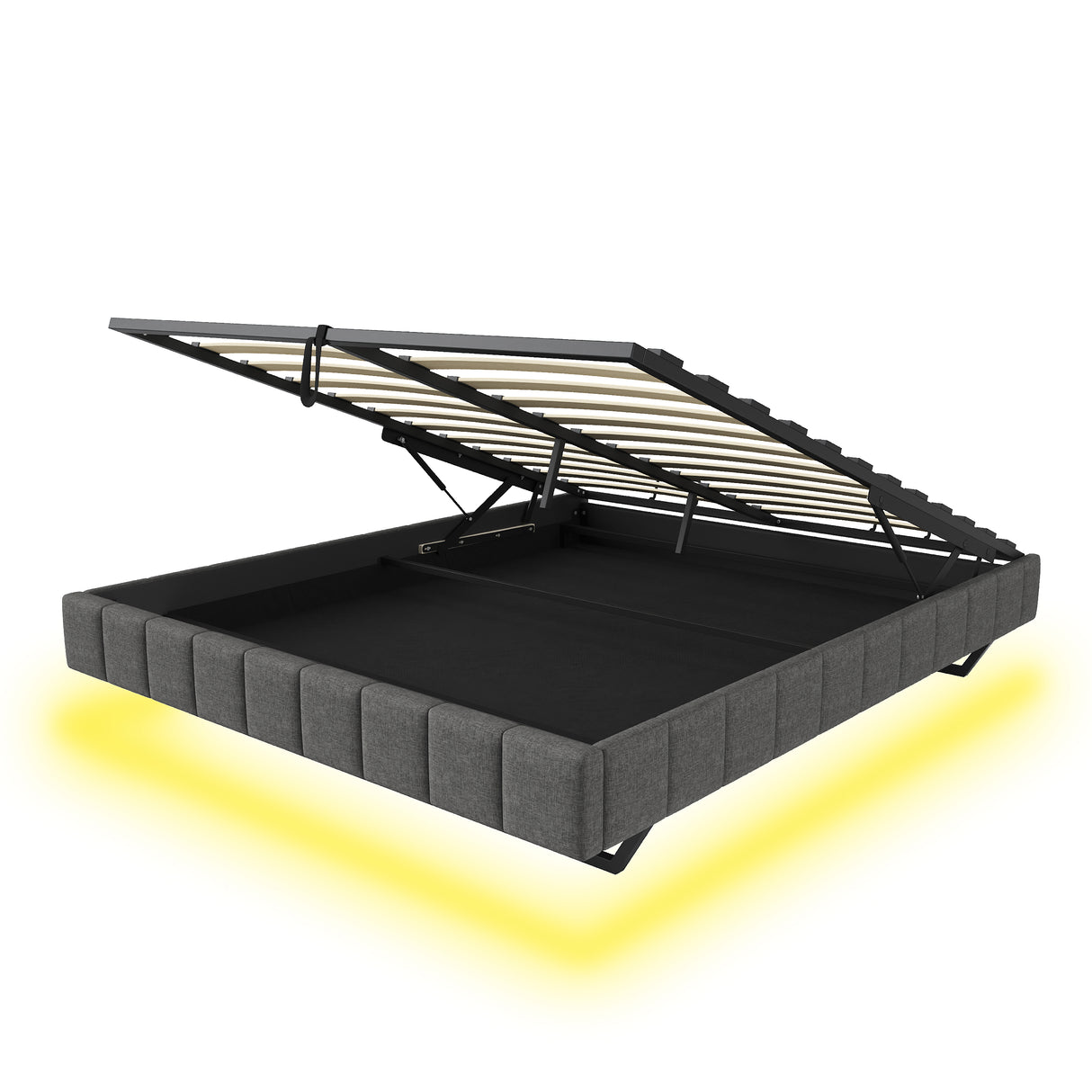 4ft6 Double Floating Bed Frame - Hydraulic Storage, RGB LED Lights, Grey Linen
