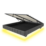 4ft6 Double Floating Bed Frame - Hydraulic Storage, RGB LED Lights, Grey Linen
