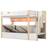 3ft Single Wooden Bunk Bed with Hydraulic Lower Bed - Solid Wood Kids Bed with Storage Stairs, LED Lights and USB Charging, White and Natural