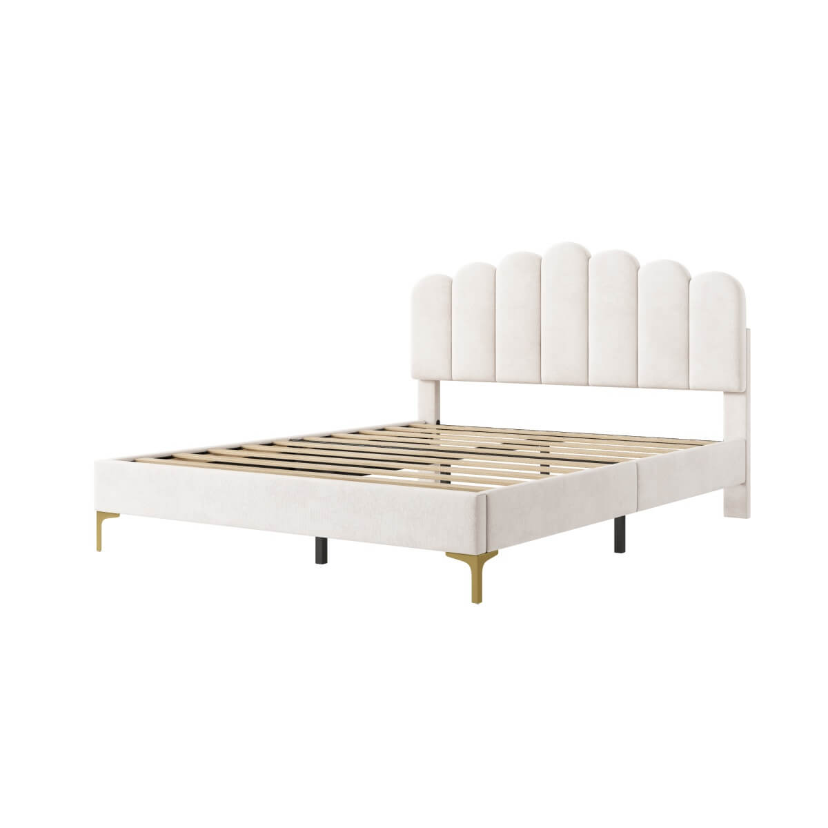 4ft6 Double Velvet Bed Frame - Scalloped Tufted Headboard, Adjustable Height, Gold Legs, Beige